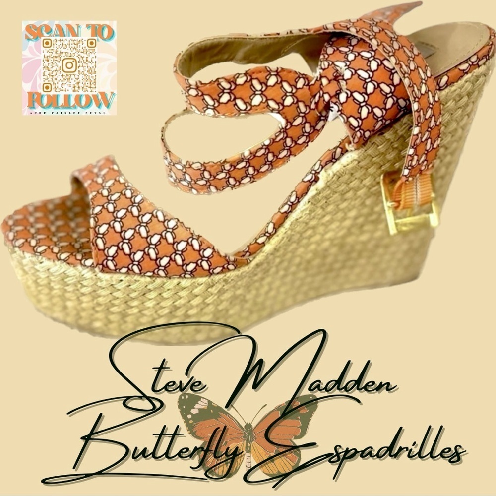 STEVE MADDEN ORANGE BUTTERFLY ESPADRILLES WITH GOLD BUCKLED ANKLE STRAPS - Picture 1 of 6